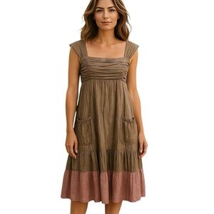 Peruvian Connection Crinkle Silk Dip Dye Brown & Pink Dress Women’s 8